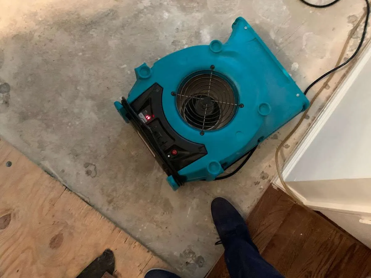 Air mover drying subfloor during Commercial Water Damage Restoration in Lamont